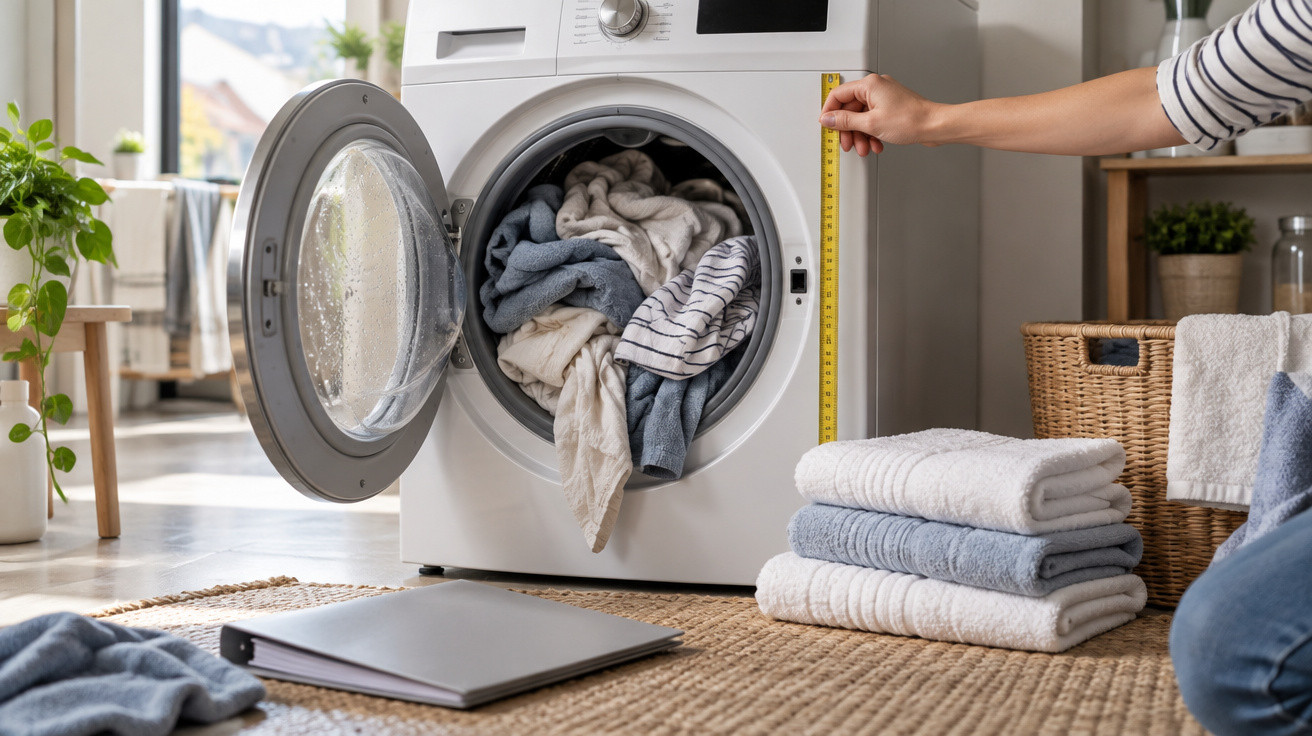 Máquina de lavar roupa aberta cheia de roupas com pessoa a medir altura com fita métrica.