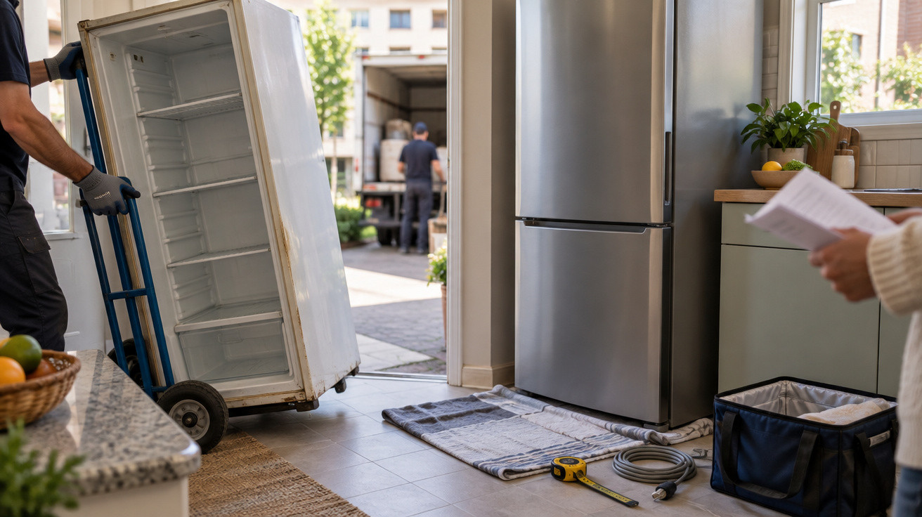 Homem a transportar frigorífico antigo com carrinho para mudança numa cozinha iluminada.