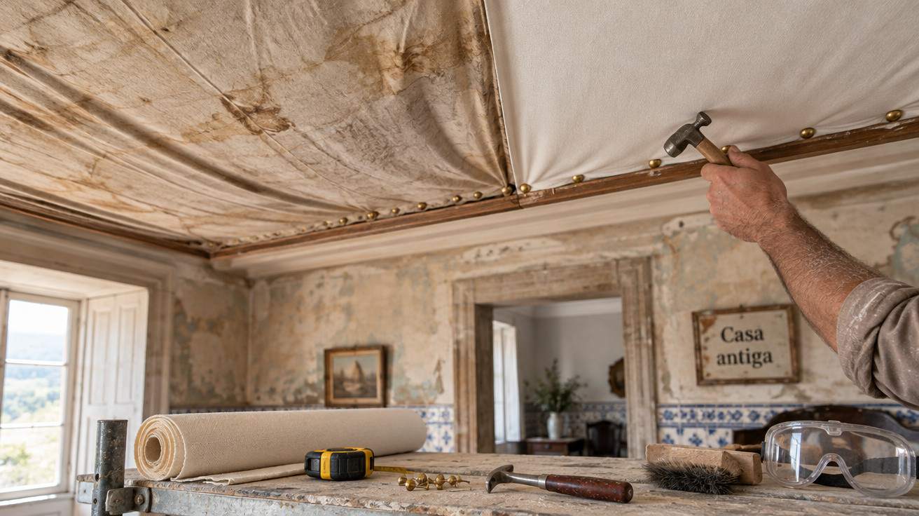 Mão a martelar tecto antigo com ferramentas sobre bancada num quarto degradado de casa velha.