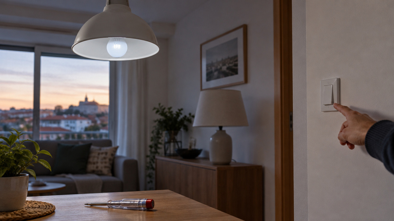 Pessoa a desligar luz num ambiente interior com mesa, sofá e janela com vista para cidade ao pôr do sol.
