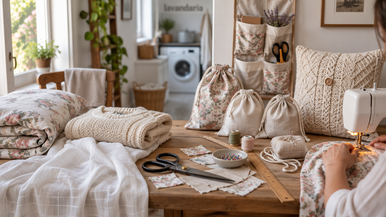 Mesa com tecidos, agulhas, linha e máquina de costura numa sala luminosa com plantas.