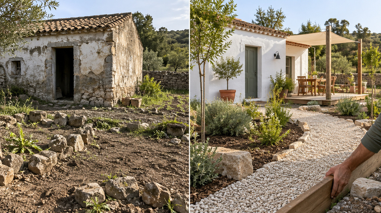 Comparação lado a lado de casa rústica degradada e casa renovada com jardim e caminho de cascalho branco.
