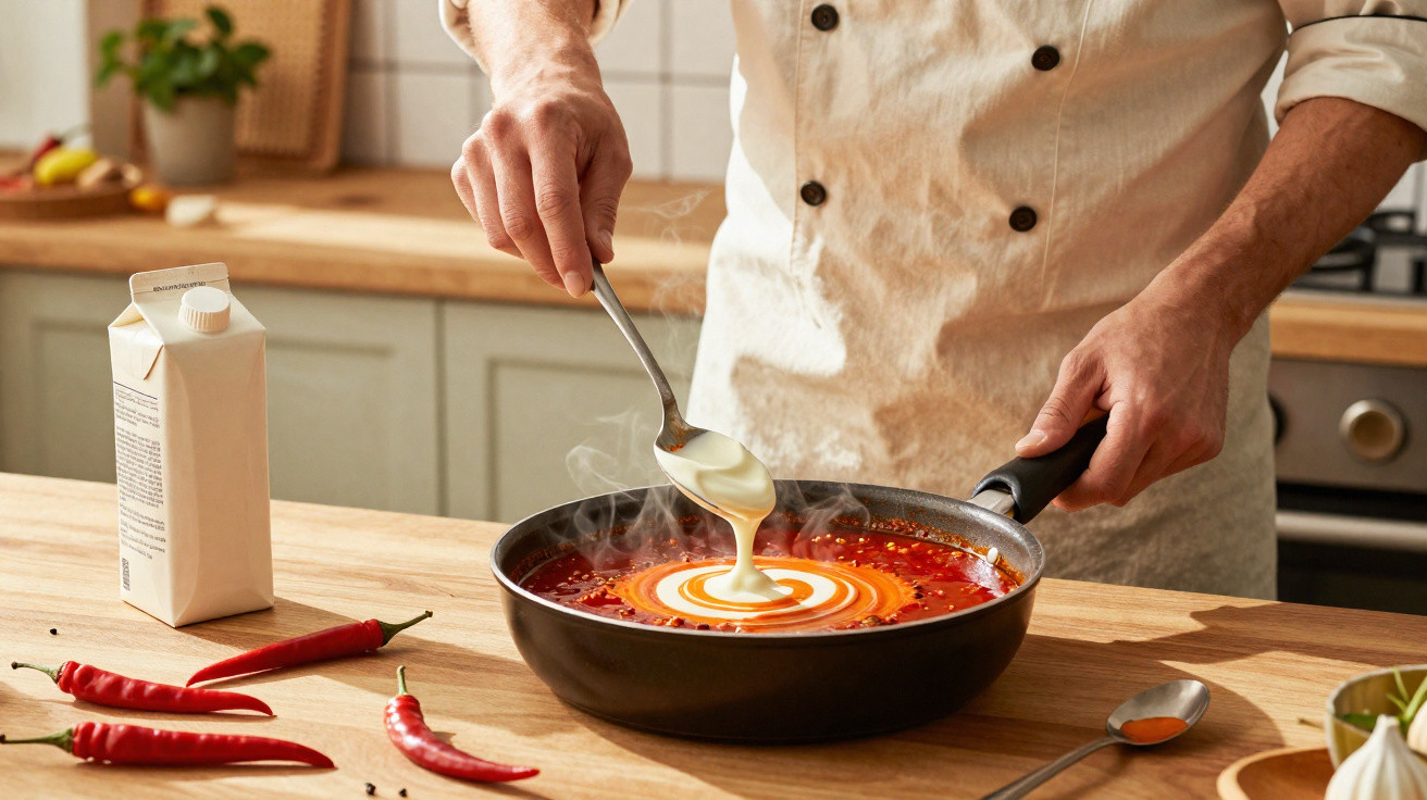 Pessoa a preparar sopa de tomate quente, adicionando natas com colher numa panela em cozinha.
