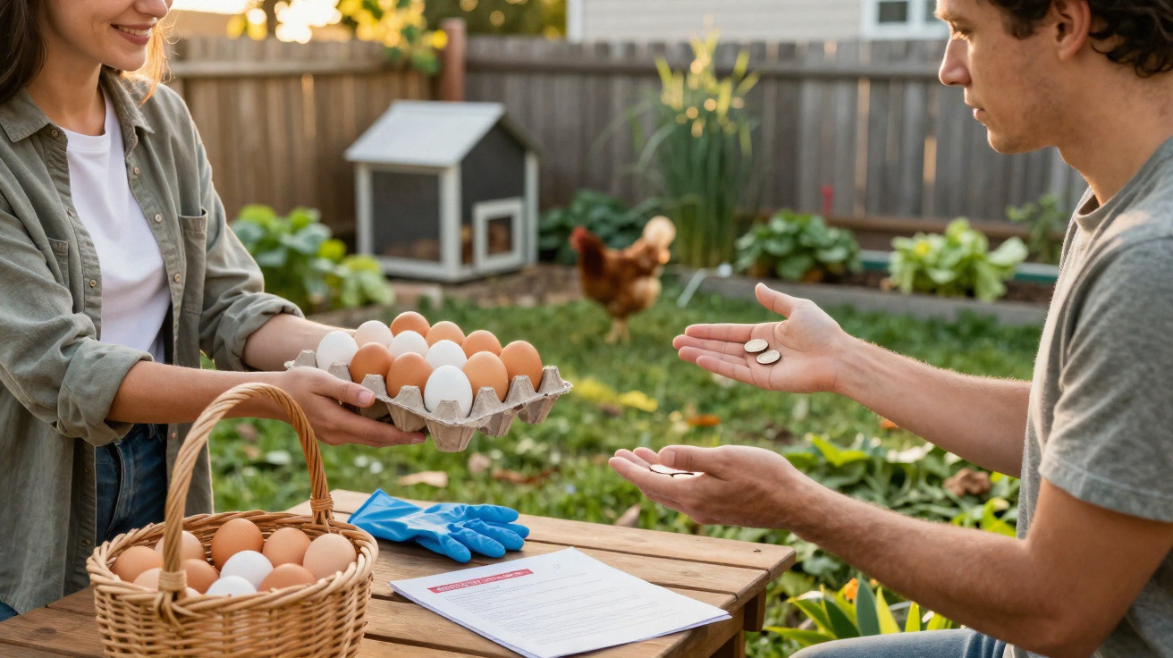 Duas pessoas trocam moedas por ovos frescos numa quinta com galinhas ao fundo, junto a uma mesa de madeira.