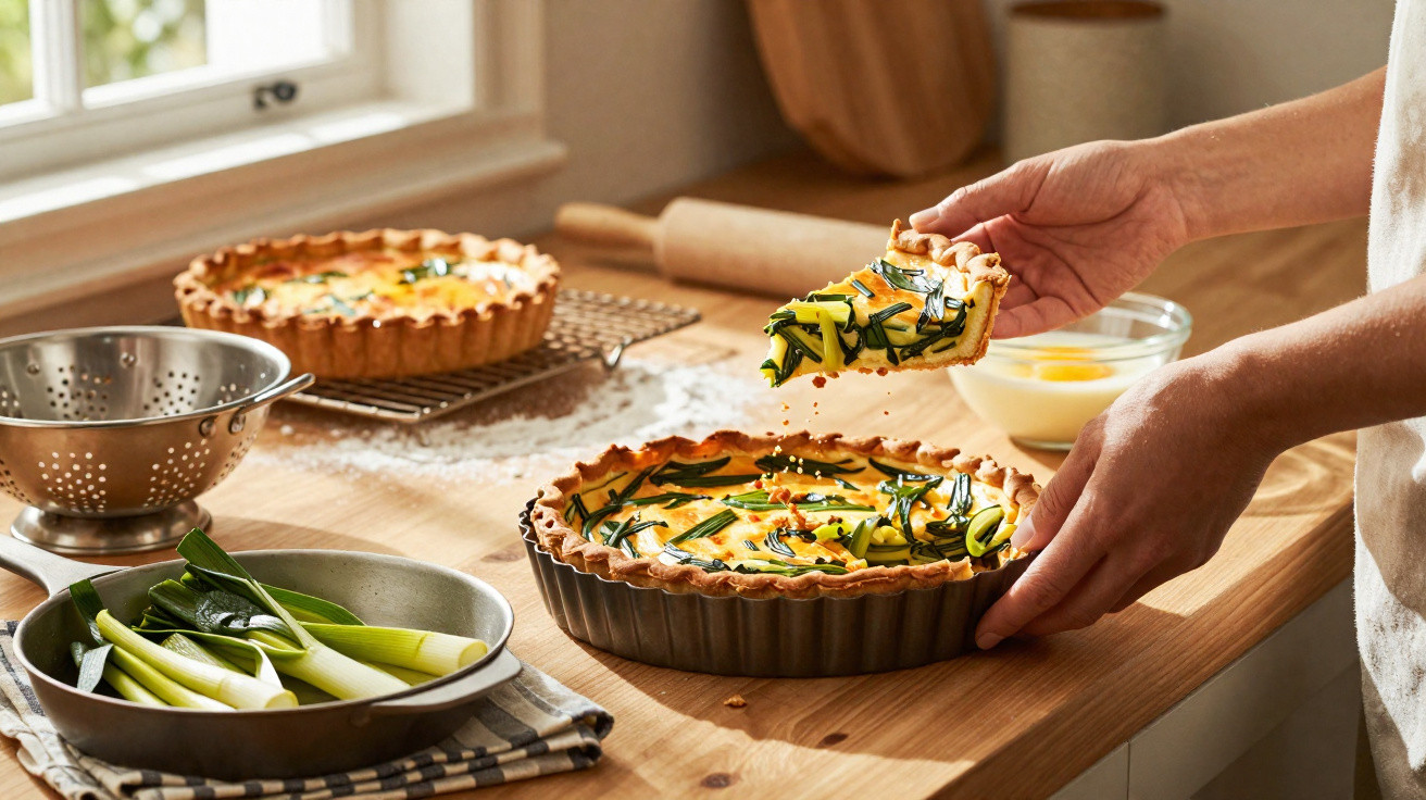 Pessoa a servir uma fatia de tarte de legumes numa cozinha acolhedora com ingredientes frescos à vista.