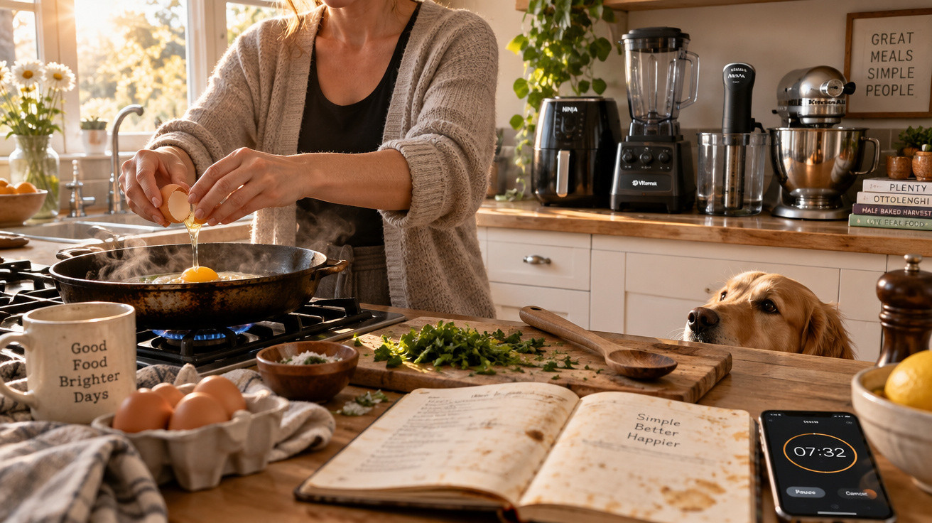 Pessoa parte um ovo numa frigideira enquanto um cão observa numa cozinha iluminada e acolhedora.