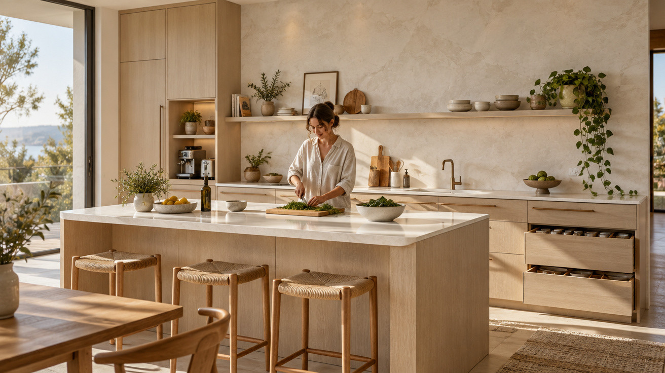 Cozinha moderna com armários em madeira clara, ilha central e mulher a preparar legumes.