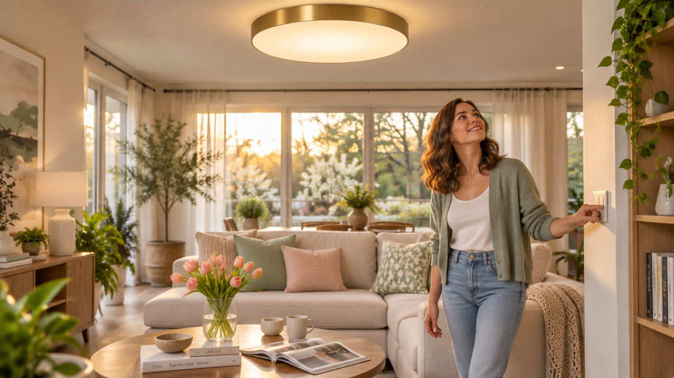 Mulher a ligar a luz numa sala acolhedora com sofá, plantas e mesa com flores e livros.