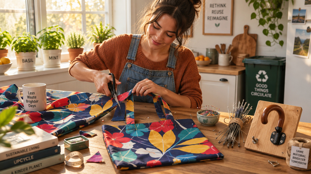 Mulher a fazer upcycling de um saco com tecido colorido numa cozinha iluminada e sustentável.