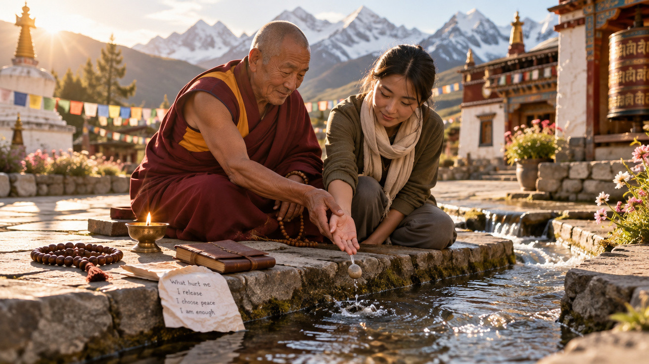 Monge budista e mulher jovens junto a riacho, com montanhas nevadas ao fundo e templo tibetano.
