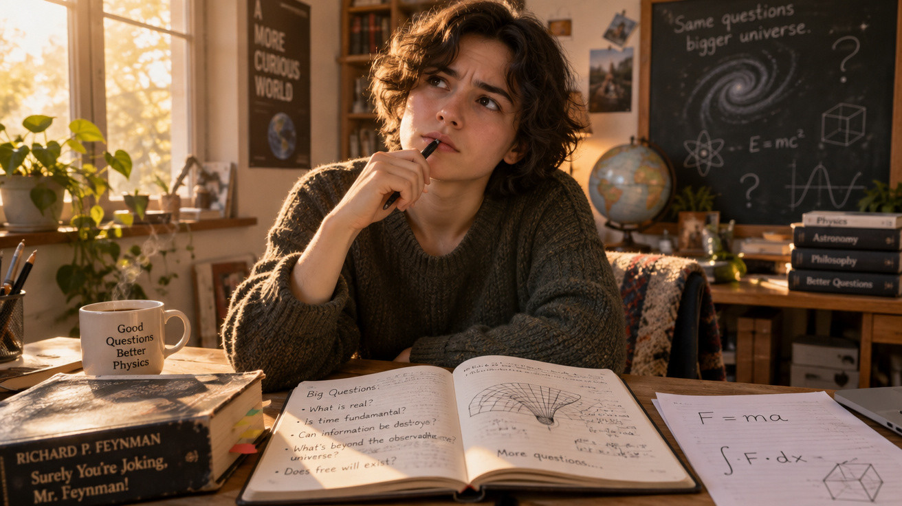 Estudante pensativa sentada à mesa com livros e anotações de física e matemática num ambiente iluminado.