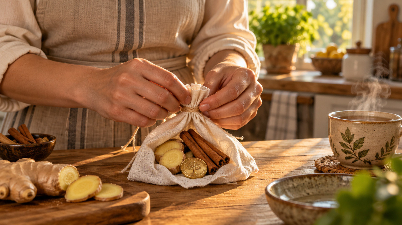 Mãos a fechar saco de tecido com paus de canela e gengibre na cozinha ensolarada, chá fumegante ao lado.