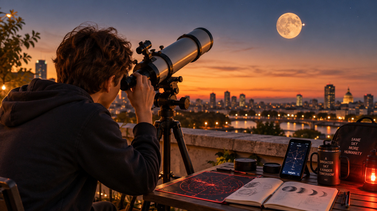 Pessoa a observar a lua ao telescópio ao pôr do sol, com mapas estelares e equipamentos numa mesa.