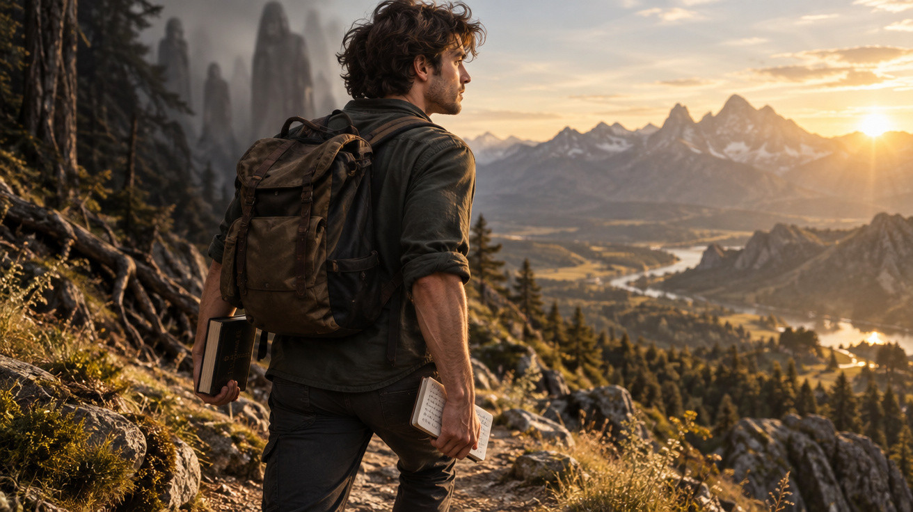 Homem com mochila e livros na mão observa paisagem montanhosa ao pôr do sol.