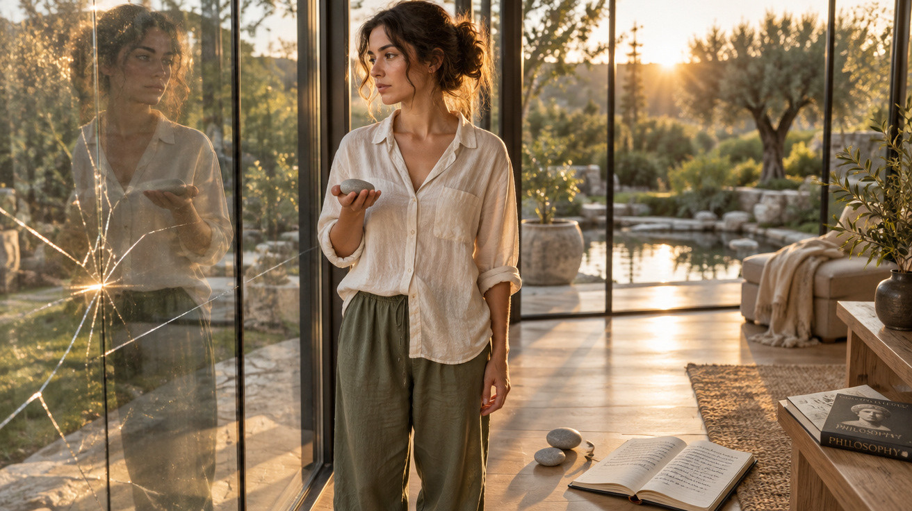 Mulher em casa com luz do pôr do sol, segurando pedra e olhando pela janela de vidro rachada.