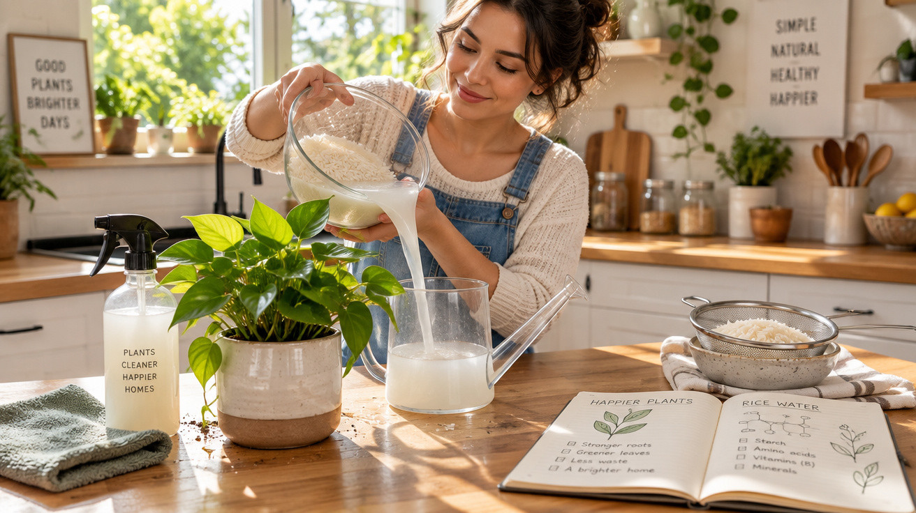 Mulher a preparar água de arroz para regar planta numa cozinha iluminada e decorada com plantas.