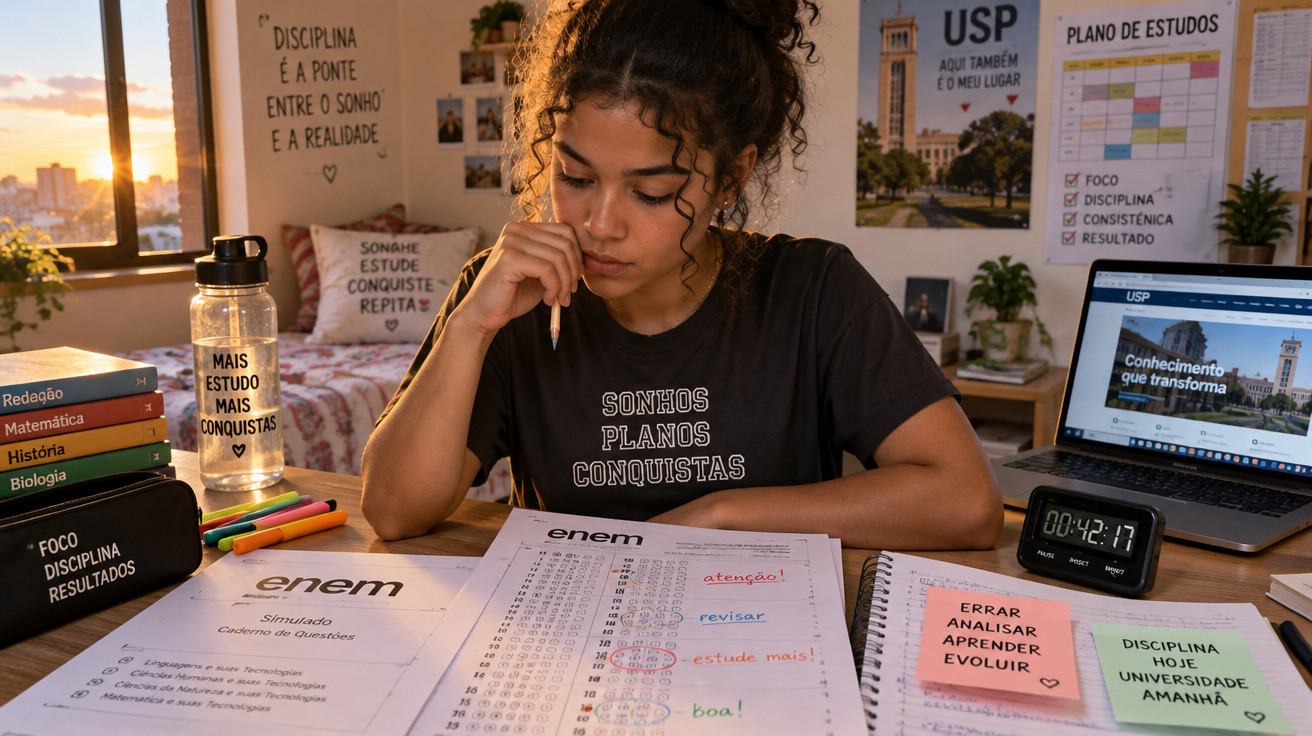 Jovem estudante concentrada em caderno de exercícios ENEM, com livros, computador e notas motivacionais na secretária.