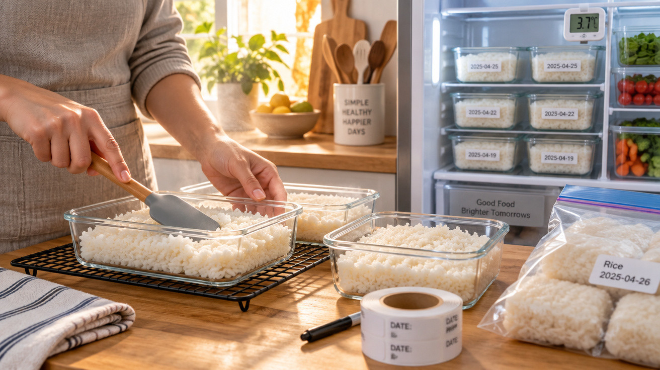 Pessoa a distribuir arroz cozido em recipientes de vidro para armazenamento no frigorífico.
