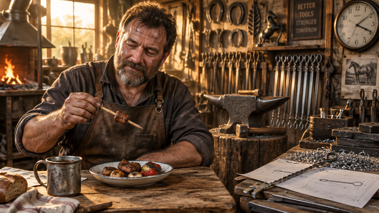 Homem numa oficina antiga, com avental, comendo carne assada ao lado de ferramentas e utensílios.