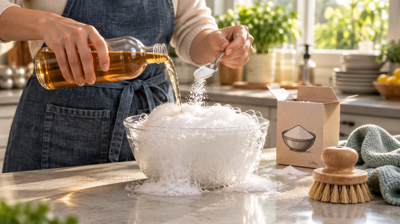 Pessoa a misturar vinagre e bicarbonato em bacia de vidro, formando espuma, com escova de limpeza e pano verde próximo.