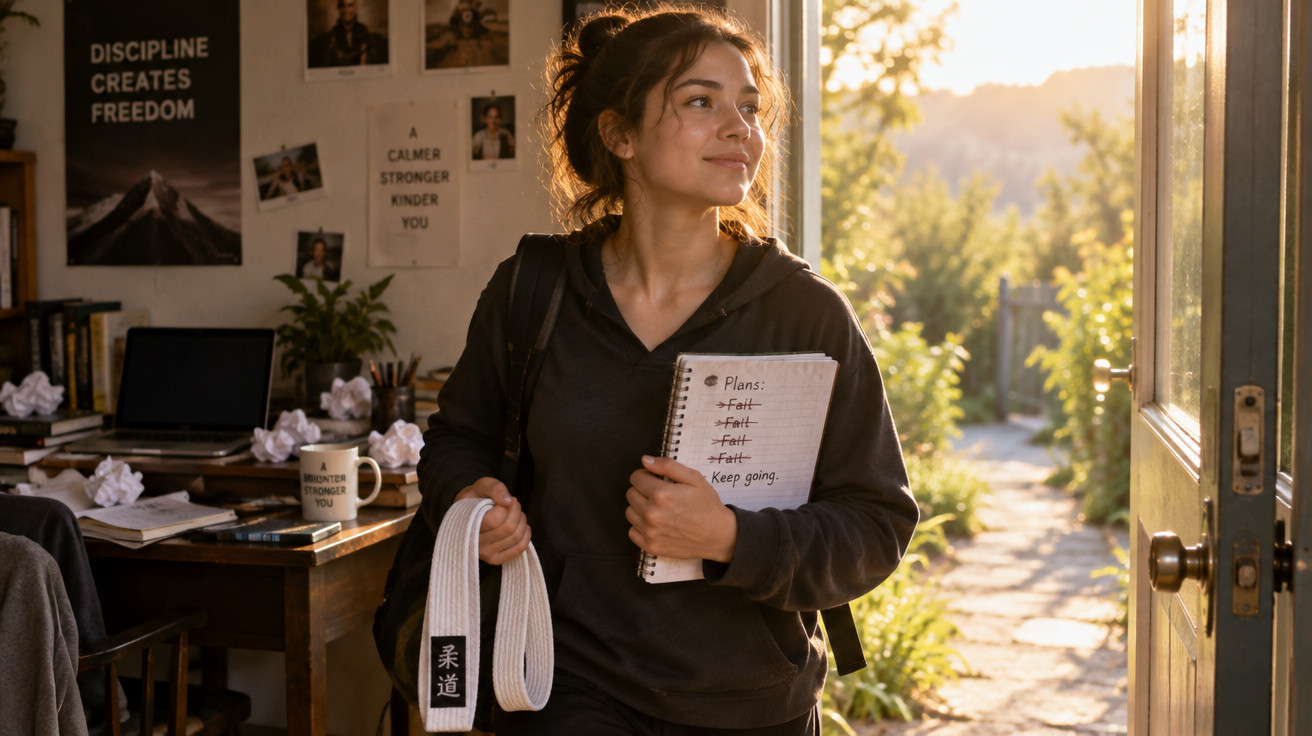 Jovem com kimono de artes marciais e caderno a sorrir, saindo de casa ao pôr do sol.
