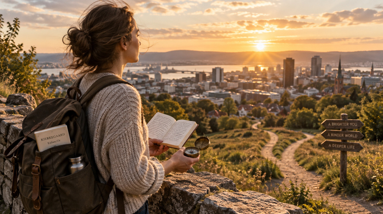 Mulher com mochila lê livro e segura bússola, observando pôr do sol sobre cidade e campo.