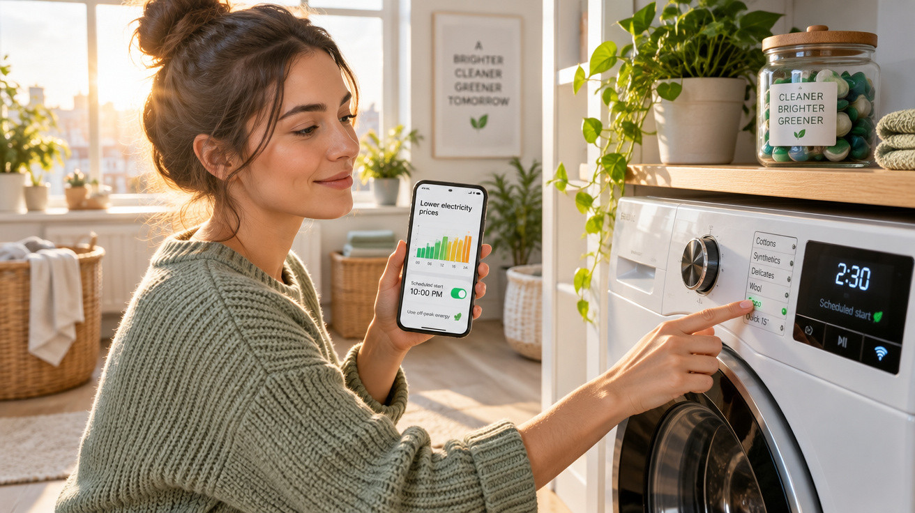 Mulher a programar máquina de lavar com aplicação de poupança de eletricidade, ambiente luminoso e plantas verdes.