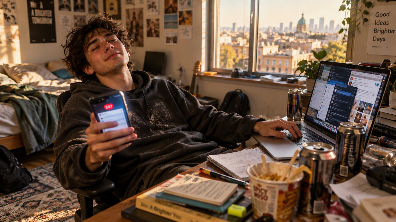 Jovem sentado numa cadeira, segurando telemóvel com notificações, ao lado de laptop e mesa desorganizada num quarto com vista