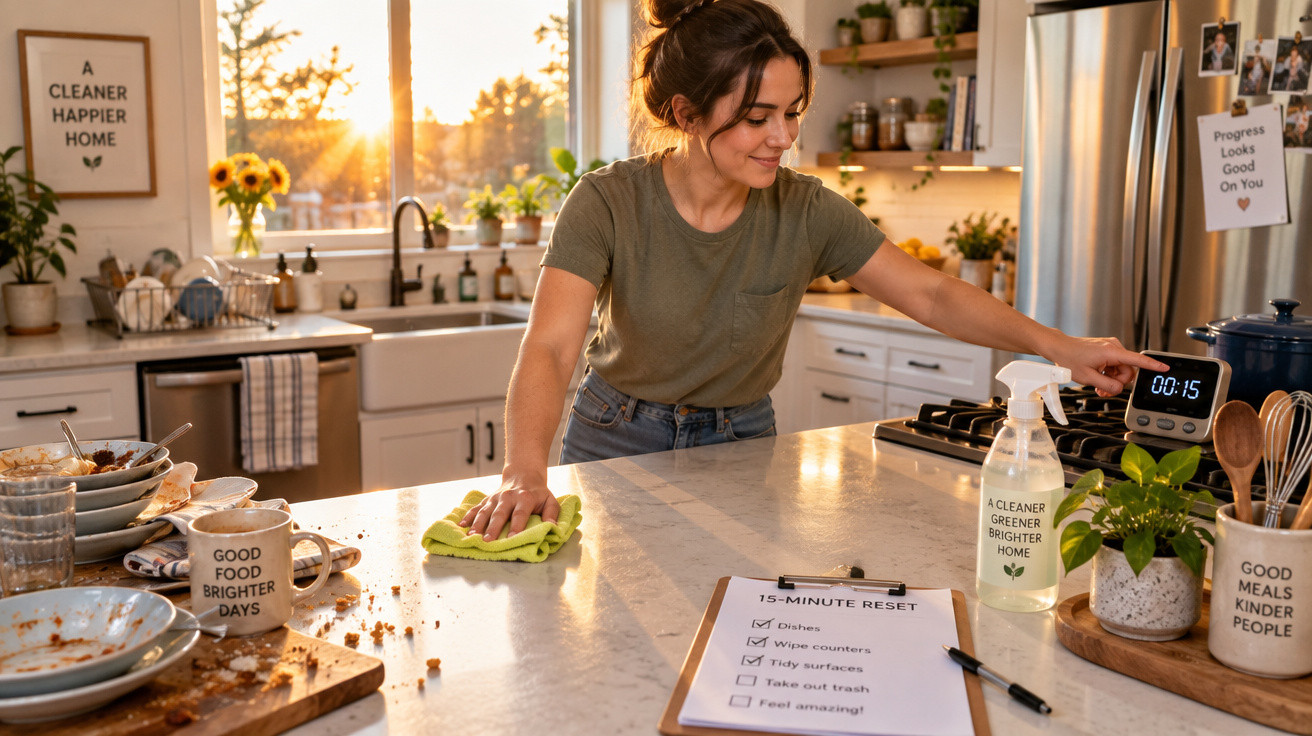 Mulher a limpar bancada da cozinha ao pôr do sol, com lista de tarefas e utensílios organizados.