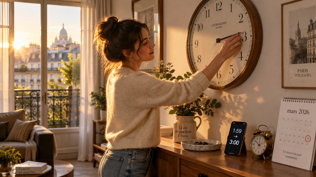 Mulher ajusta relógio de parede num quarto com calendário, telemóvel e vista para cidade ao pôr do sol.
