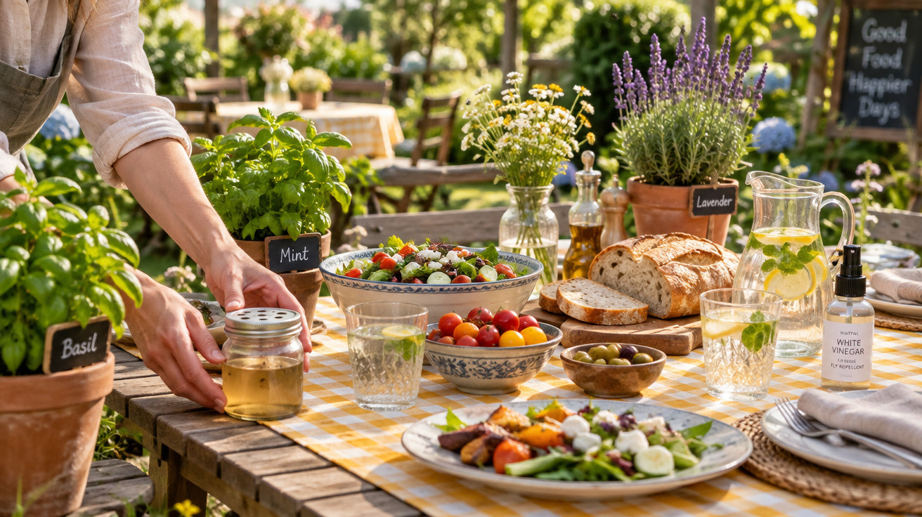 Mesa exterior com saladas, pão, jarra de água com limão, ervas aromáticas e mãos a colocar frasco de mel.