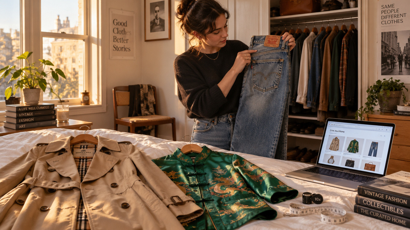 Mulher a ver um par de jeans numa sala com roupas, computador e fitas métricas sobre a cama.