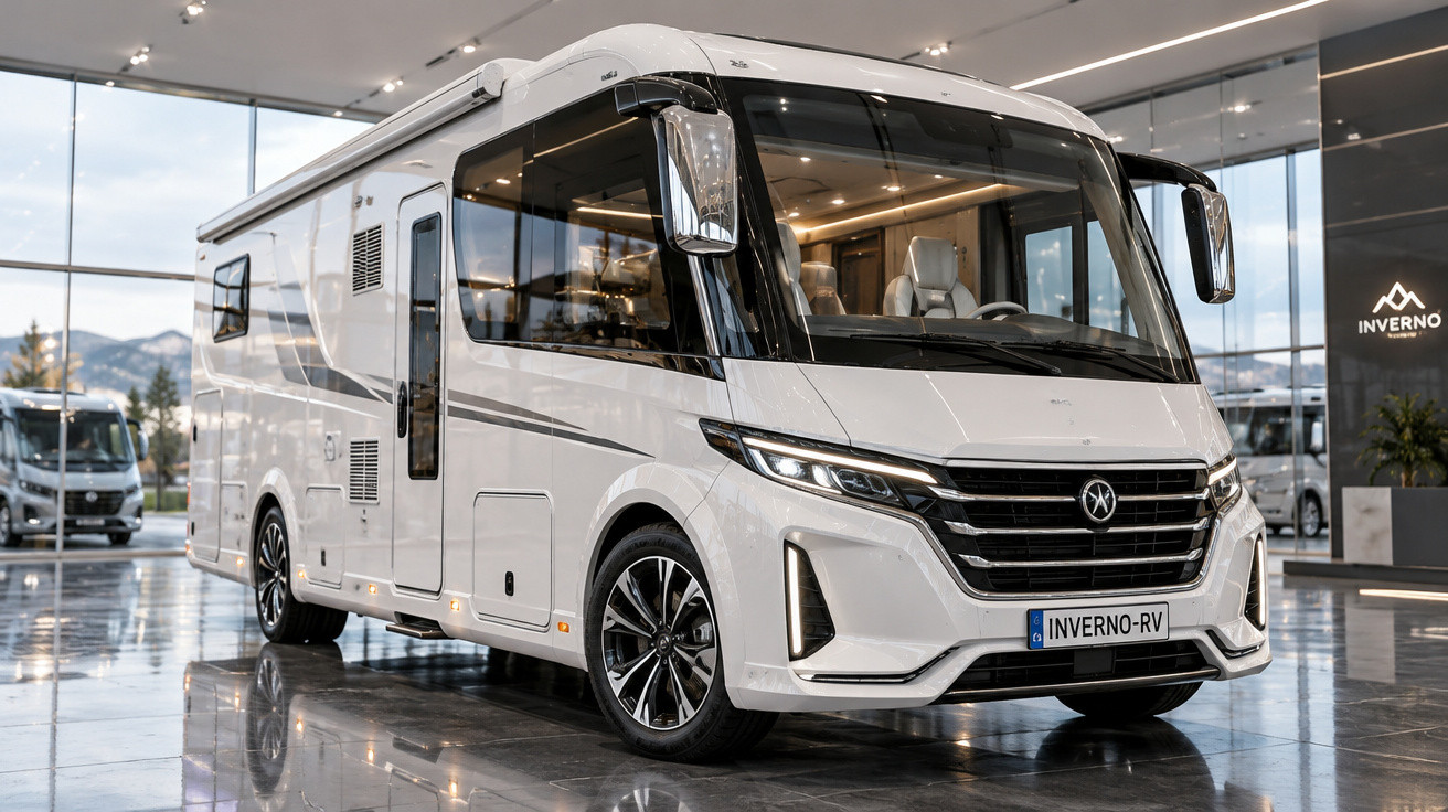Autocaravana branca moderna estacionada em showroom com interior visível pelas janelas amplas.