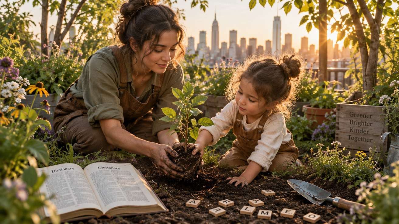 Mulher e menina a plantarem árvore num jardim urbano ao pôr do sol, com livro aberto e letras no solo.