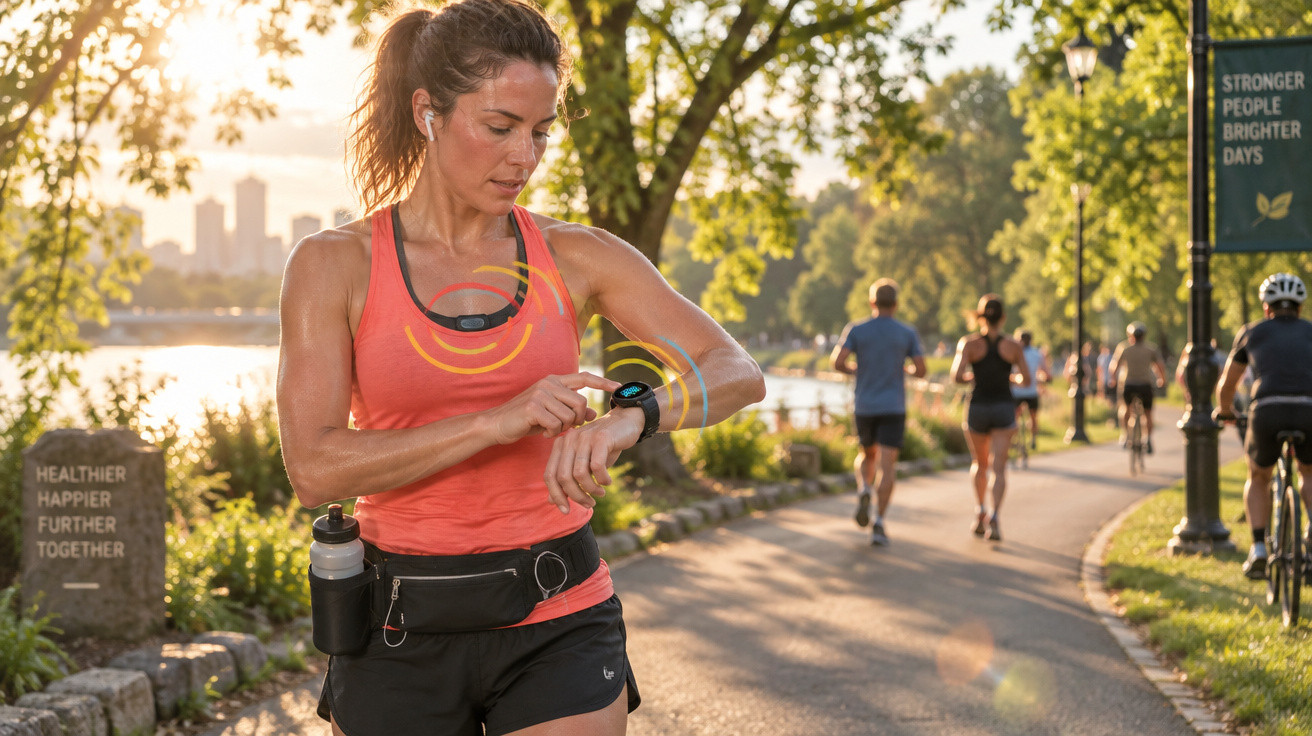 Mulher a correr num parque, a verificar o relógio inteligente com auscultadores, ao final da tarde.