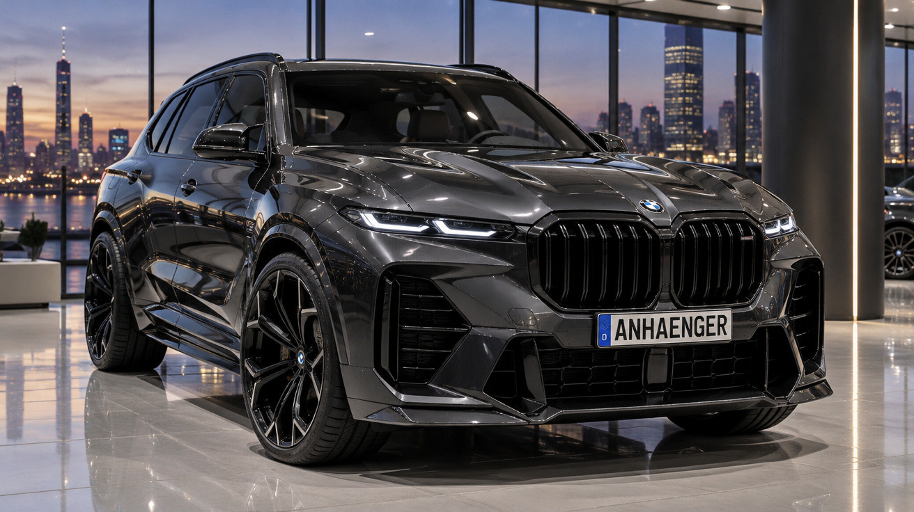 SUV BMW preto estacionado em interior com vista para cidade iluminada ao entardecer.