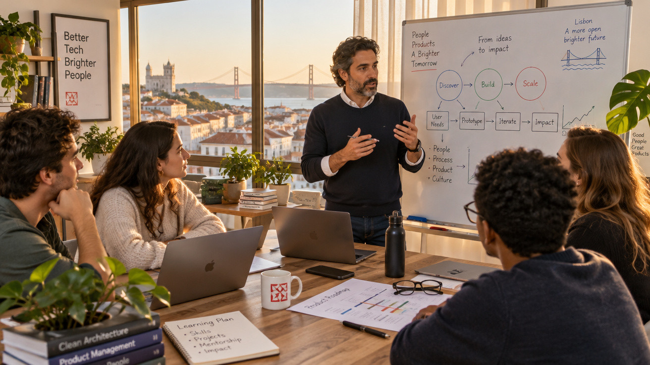 Reunião de trabalho com cinco pessoas a discutir estratégia junto a quadro branco, vista do Tejo em Lisboa ao fundo.