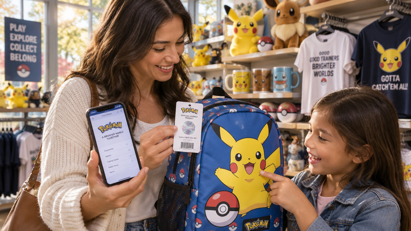 Mulher e criança sorrindo numa loja Pokémon com mochila azul do Pikachu e smartphone na mão.